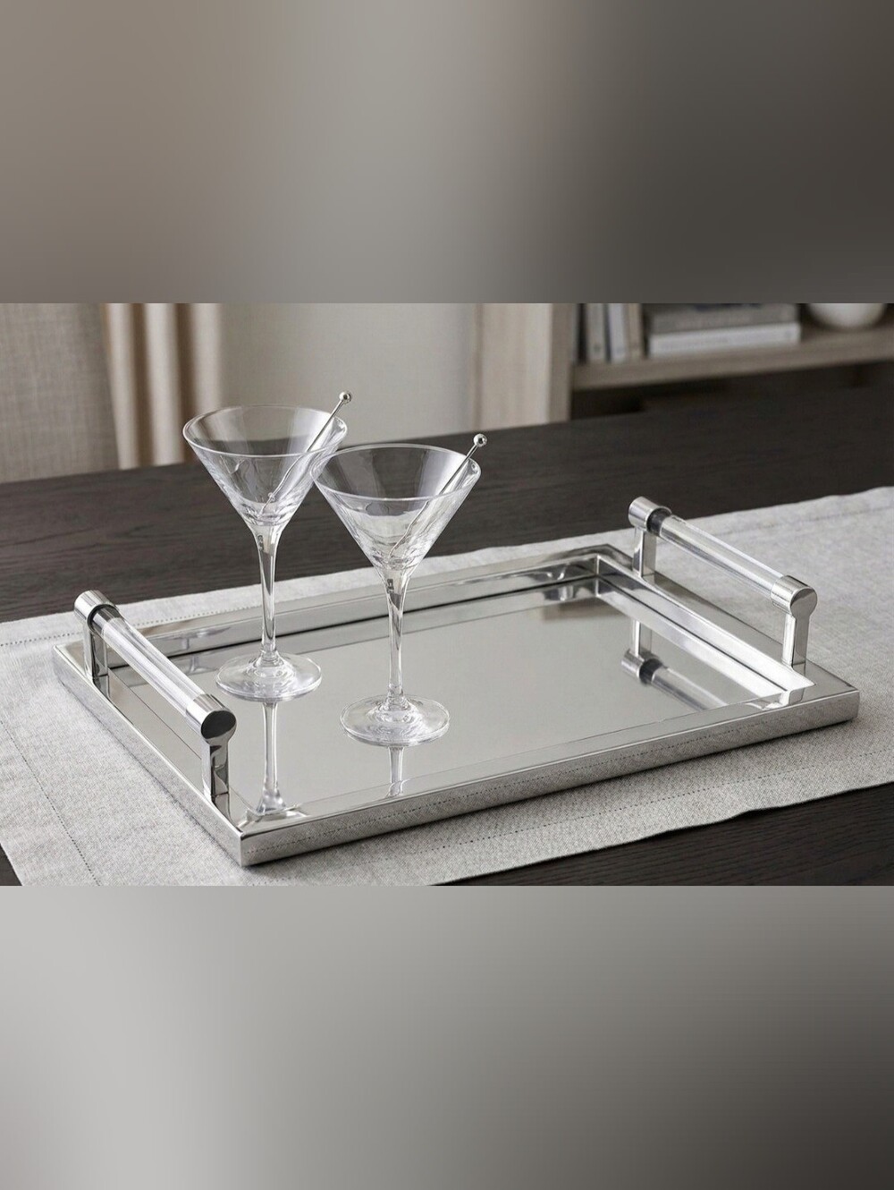 Pottery Barn Medium Polished Nickel Tray Clear Glass Acrylic Handles